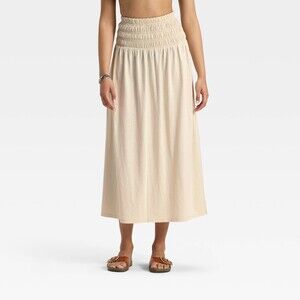 Knit Smocked Maxi A-Line Skirt - Tan S